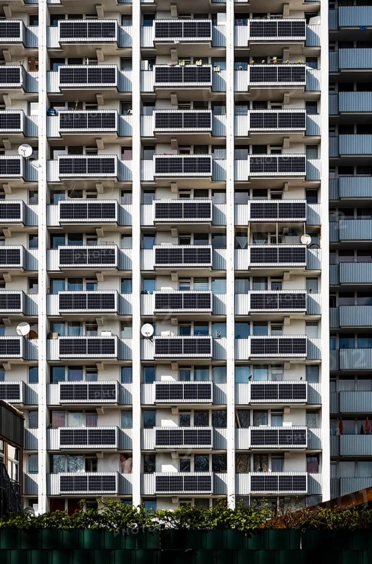 Photomontage of balcony solar panels on a high-rise building in Duesseldorf