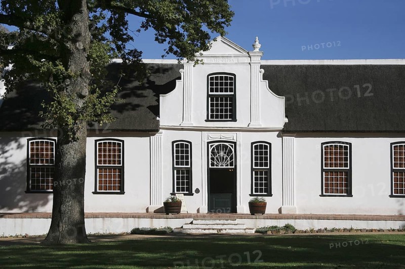 Typical white Cape Dutch style house of vineyard Bosch en Dal near Stellenbosch