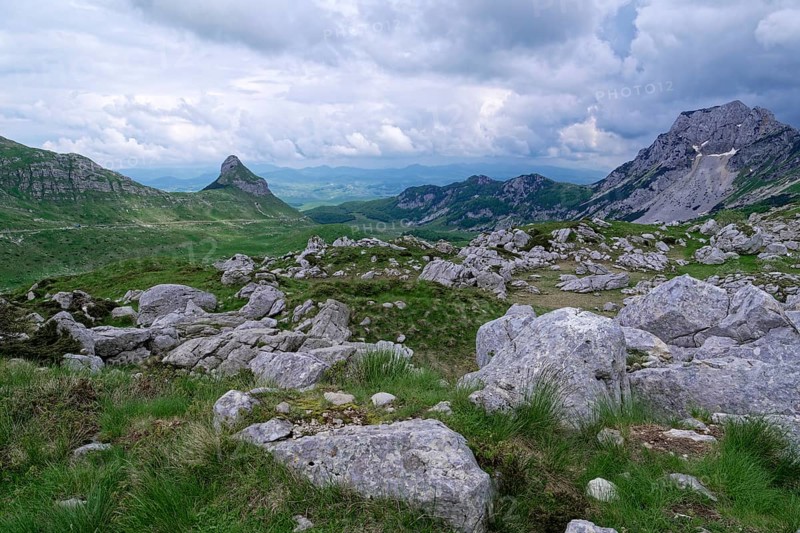 Mountain and rocky landscape around the Durmitor massif and the Dinarides mountain group. The Durmitor National Park surrounding the massif is a UNESCO World Heritage Site. Zabljak