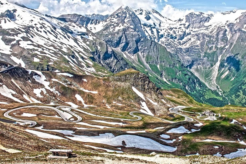 Photo with reduced dynamic saturation HDR of mountain pass alpine mountain road alpine road pass road pass old Grossglockner High Alpine Road Grossglockner High Alpine Road with serpentine switchbacks curves above above tree line