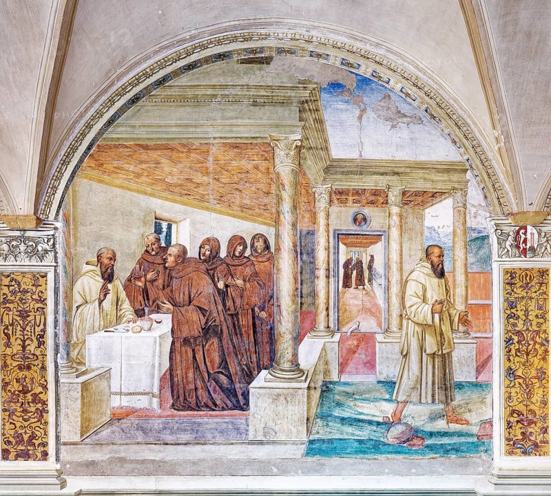 Benedict breaks a cup of poisoned wine with a sign of the cross
