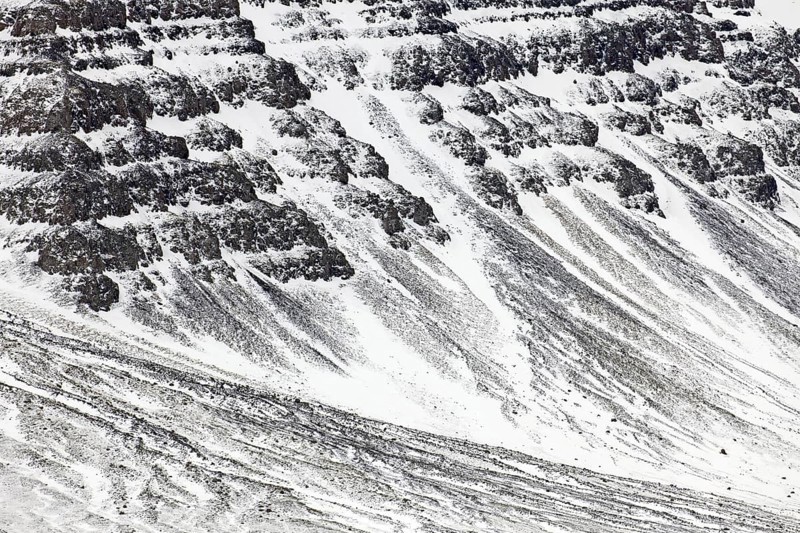 Snow covered talus cones and scree