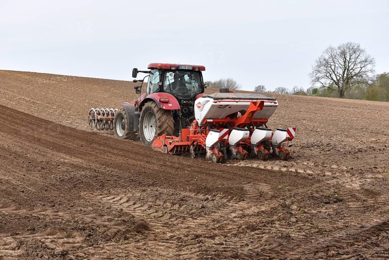 Tractor with seed drill in a field