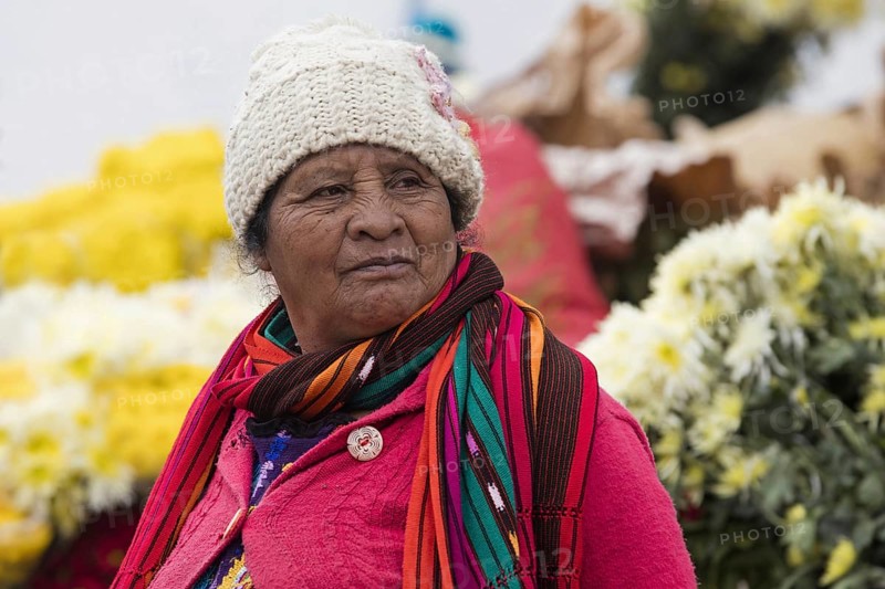 Old local Mayan K'iche woman selling flowers on market day in the town Chichicastenango