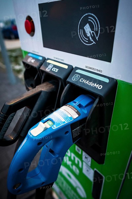 Different plugs of a public charging station for e-cars of the Stadtwerke Duesseldorf