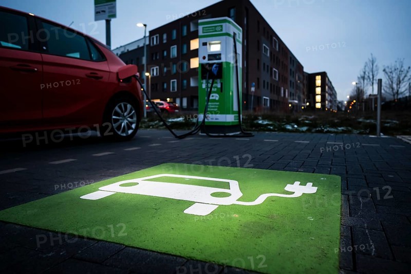 An e-car charges at a public charging station in Duesseldorf