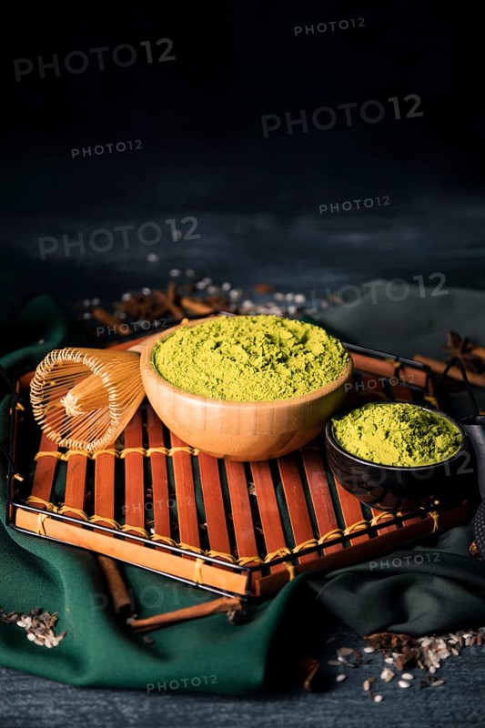 Bowls with green matcha wooden tray
