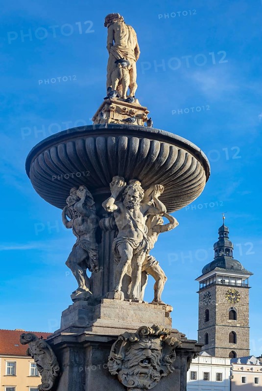 Black Tower and Samson Fountain at Premysl Otakar II Square in the historic old town of Ceske Budejovice
