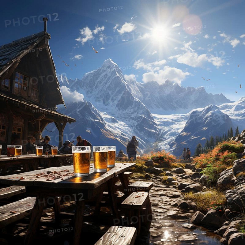Beer and snacks in an alpine hut in the mountains