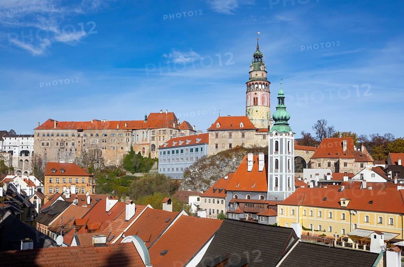 View of the historic old town of Krumlov with Schwarzenberg Castle and St Jodokus Church