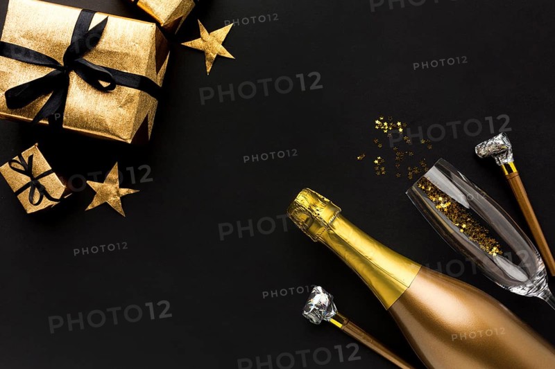 Champagne bottle with gift birthday party