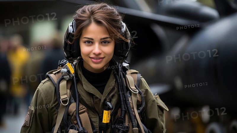 Mixed-race female fighter pilot soldier standing outside her military fighter jet