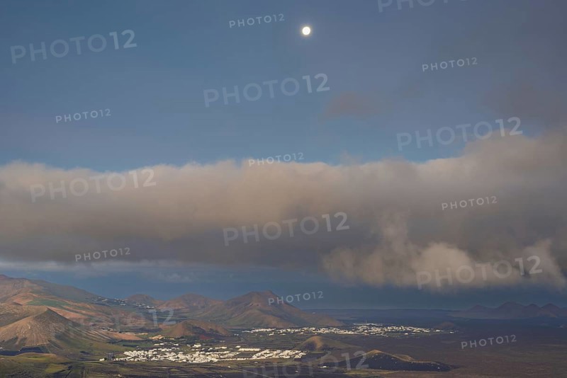 Panorama at sunrise from the Montana de Guardilama to the wine-growing area La Geria