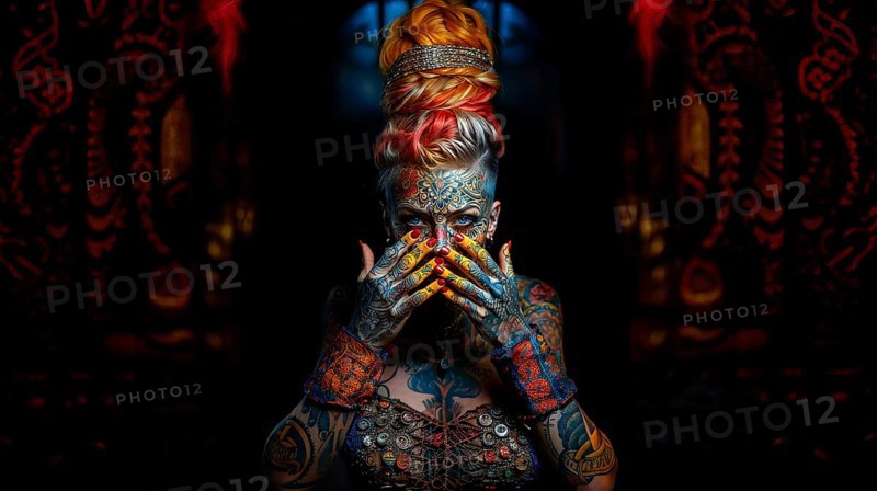 A young woman with very colourful tattoos all over her body