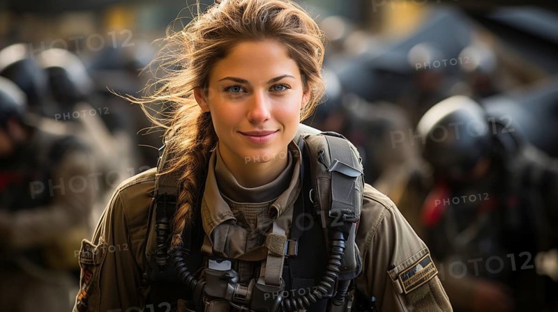 Female fighter pilot soldier standing outside her fighter jet