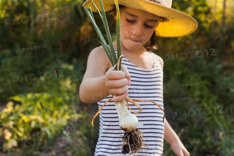 Portrait girl holding harvested spring onion