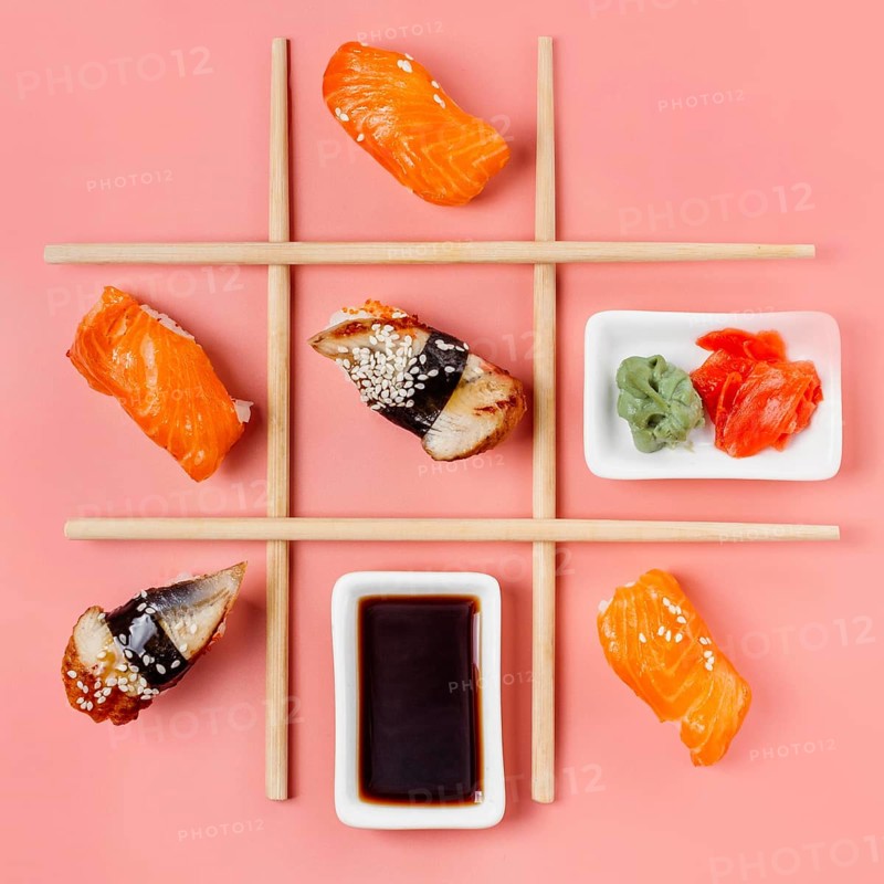 Top view traditional japanese sushi arrangement