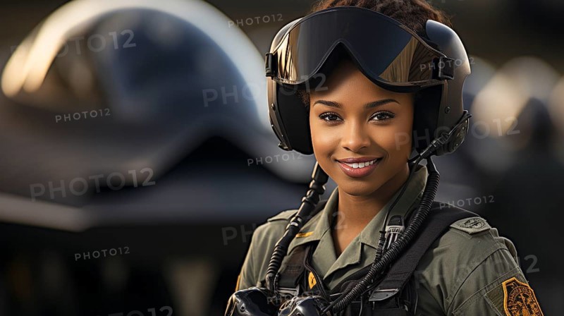 Female african american fighter pilot soldier stands outside her fighter jet
