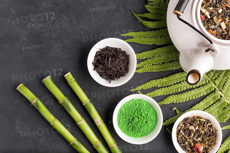 Collection aromatic dry tea ingredient black surface