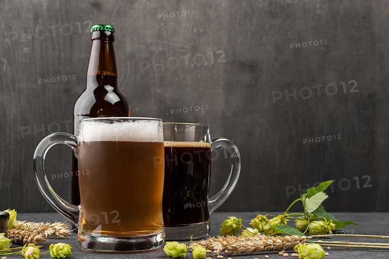 Arrangement with beer mugs bottle