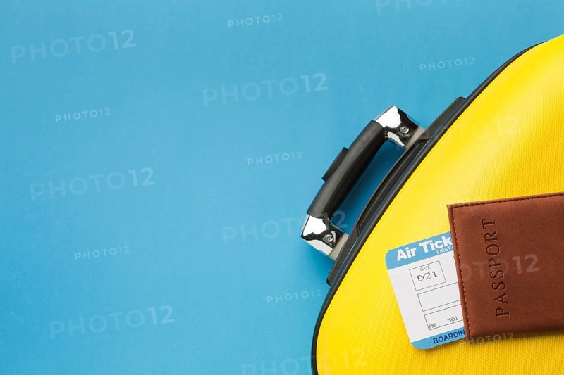 Flat lay luggage passport with copy space