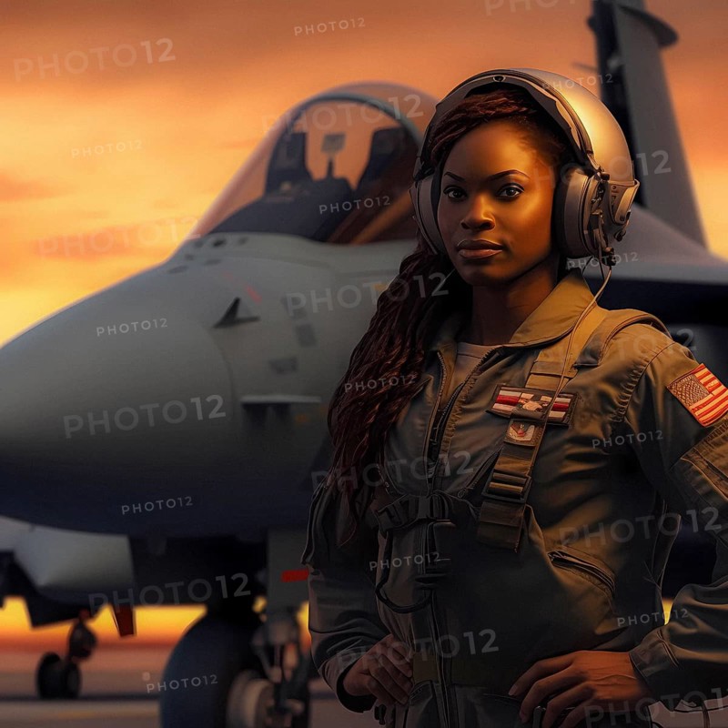 Proud young pilot stands in front of her F 14 fighter plane