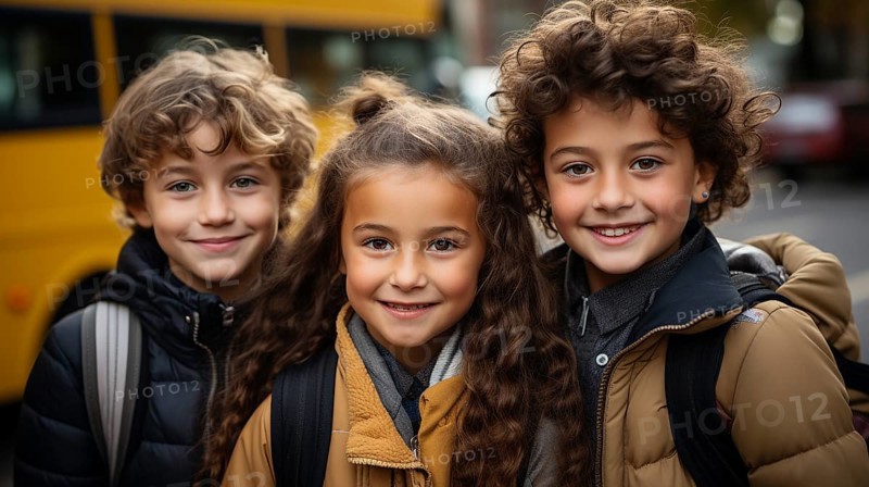 Happy and excited young children students walking on the campus of their school