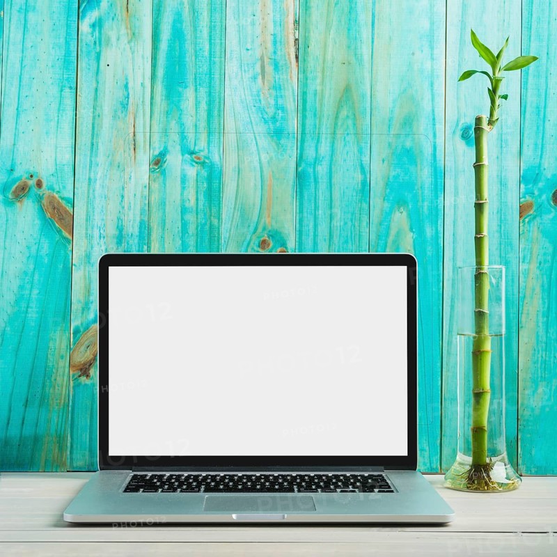 Laptop with blank white screen wooden desk