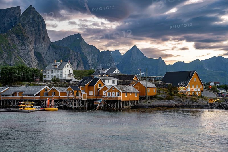 Traditional yellow rorbuer cabins on Sakrisoya Island