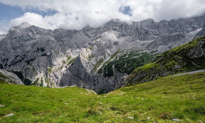 View of Hoellental and rocky mountain landscape with Jubilaeumsgrat