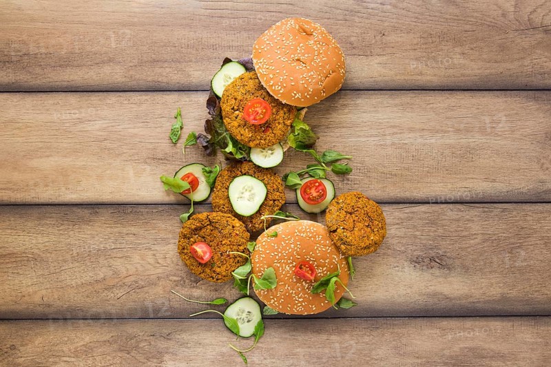 Flat lay delicious vegan burgers