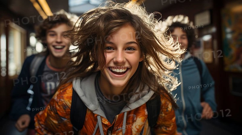 Happy and excited teenaged students walking down the hallway of their school