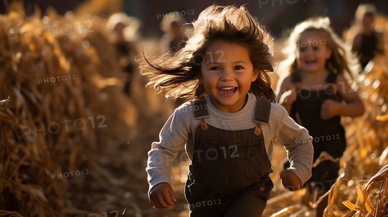 Happy laughing children running amist the corn fields on a fall day