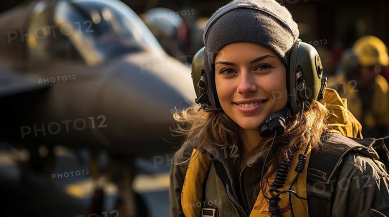 Female fighter pilot soldier standing outside her fighter jet