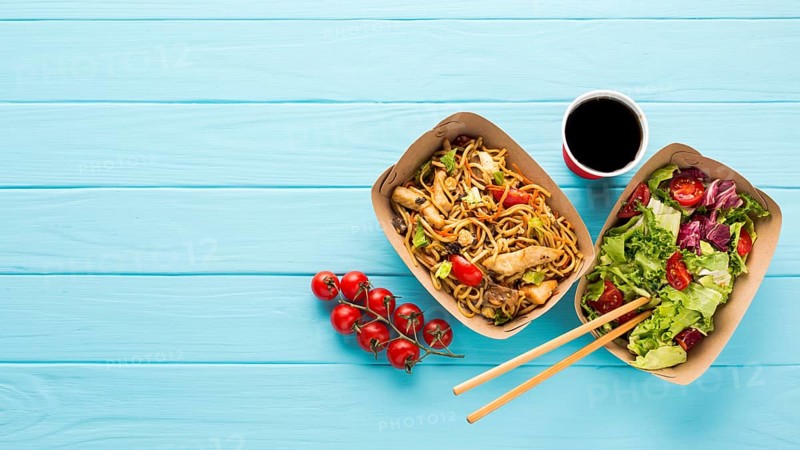 Top view chinese food with juice