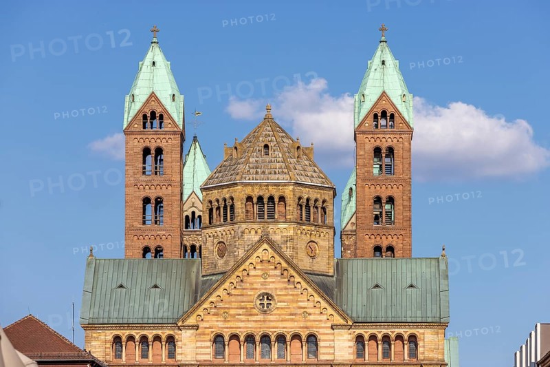 Upper part with roof and towers The Kaiserdom zu Speyer also called Speyerer Dom or Domkirche St Maria und St Stephan