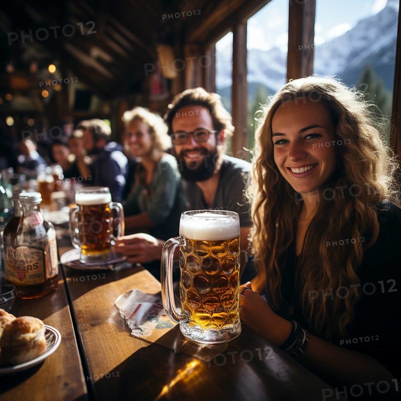 Beer and snacks in an alpine hut in the mountains