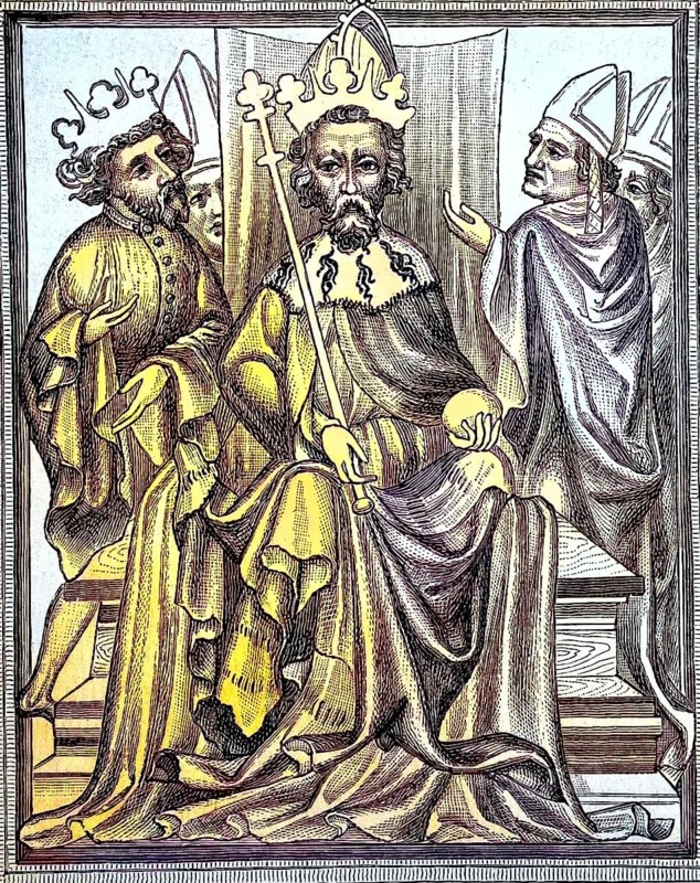 Emperor Charles IV in Imperial Order with his son Wenceslas and bishops