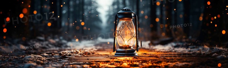 Warm and inviting lit vintage lantern resting on wood planks base outdoors in a winter setting. generative AI