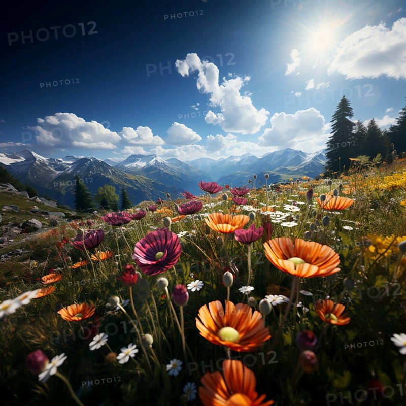 Mountain landscape with a green meadow and lots of flowers