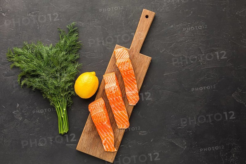 Top view salmon wooden board