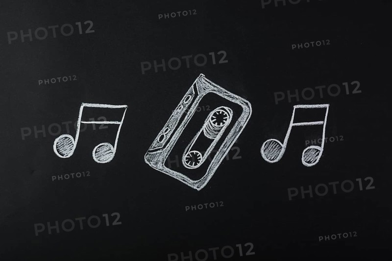 Drawn musical notes with cassette tape blackboard