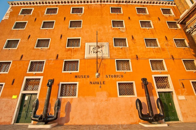 Venice Italy Naval museum front view with the enormous anchors at sestriere of Castello