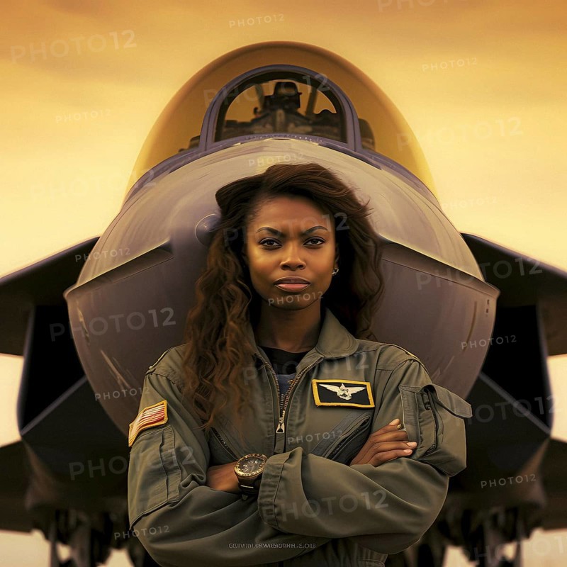 Proud young pilot stands in front of her F 35 fighter plane