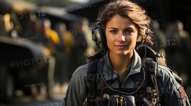 Female fighter pilot soldier standing outside her fighter jet