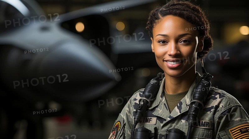 Female african american fighter pilot soldier stands outside her fighter jet