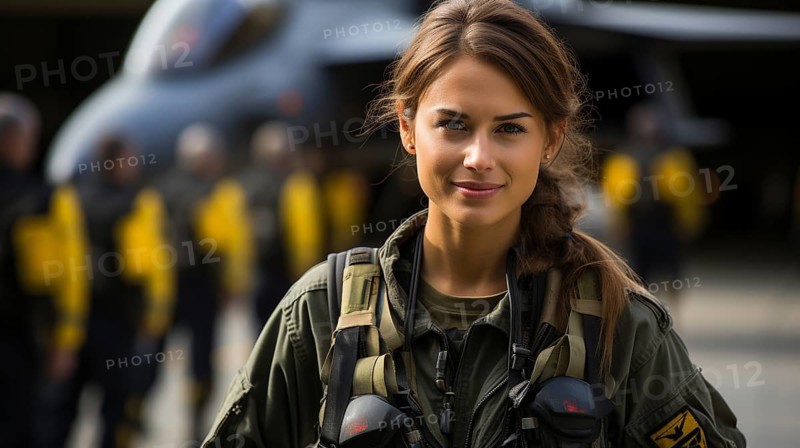 Mixed-race female fighter pilot soldier standing outside her military fighter jet