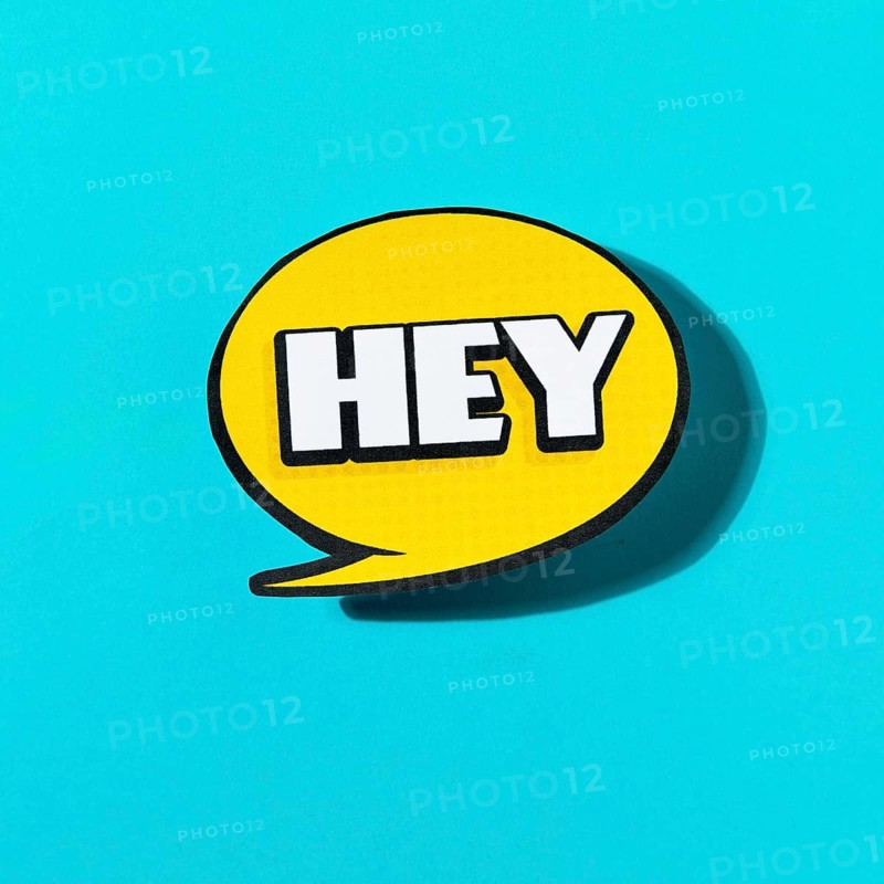 Hey text yellow speech bubble blue background