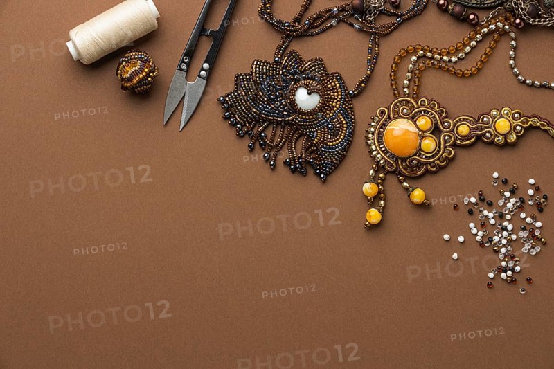Top view essentials bead working with thread scissors