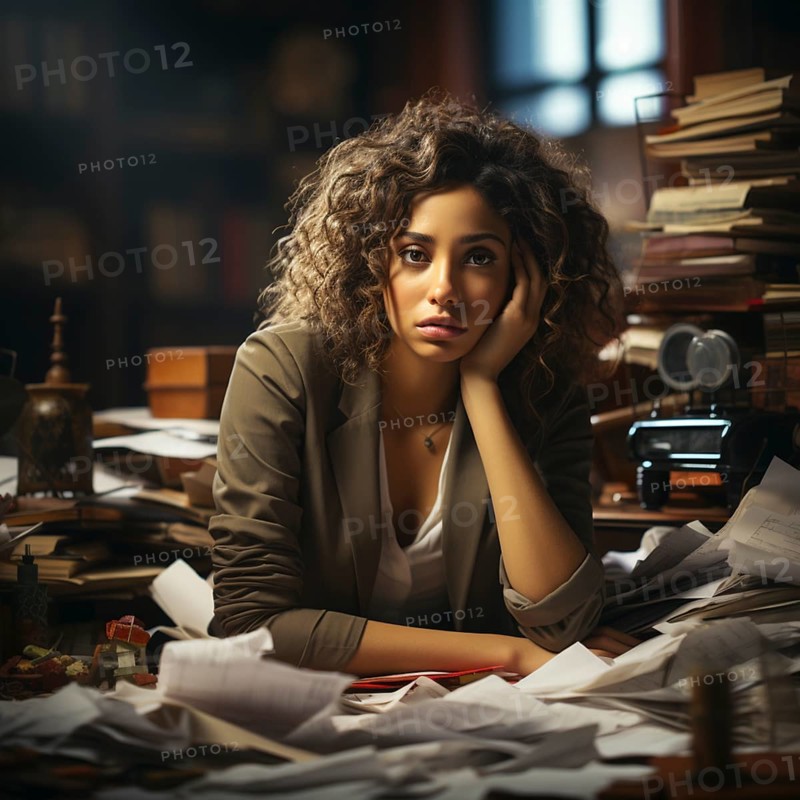 Woman in the office is overworked and has a headache